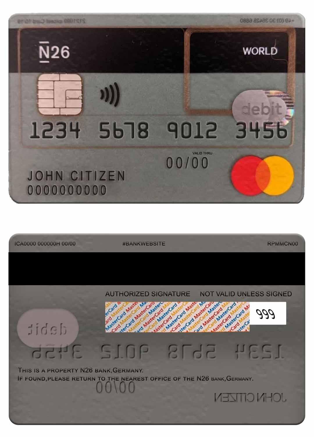 Download Germany N26 bank  debit mastercard Photoshop template